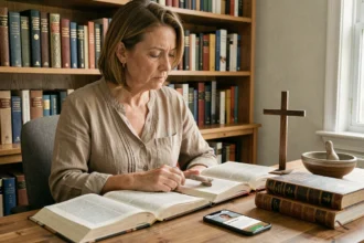 Femme quinquagénaire comparant un site de santé holistique sur smartphone avec des textes religieux traditionnels dans un bureau à domicile, illustrant la tension entre spiritualité numérique et religions classiques