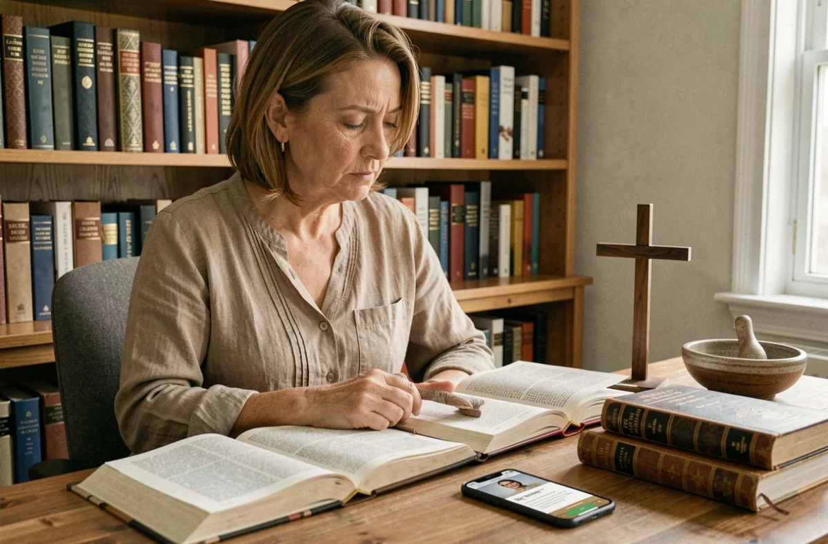 Femme quinquagénaire comparant un site de santé holistique sur smartphone avec des textes religieux traditionnels dans un bureau à domicile, illustrant la tension entre spiritualité numérique et religions classiques
