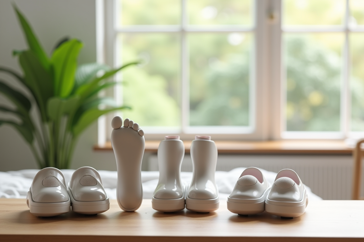 Différents massagers de pied sur une table en bois lumineuse