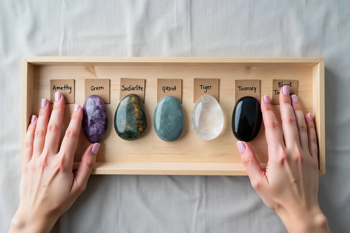 Sélection de six pierres worry stones posées sur lin gris avec étiquettes artisanales pour guider les débutants en gestion du stress