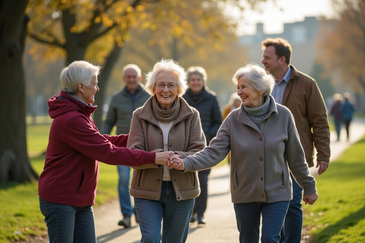 Groupe de seniors et aidants dans un parc ensoleille