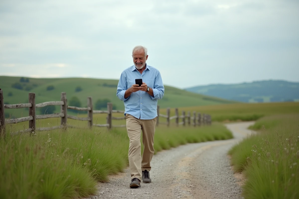 Senior en promenade à la campagne consultant son téléphone pour suivre ses pas et kilomètres parcourus