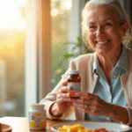 Seniore souriante tenant une vitamine D3 au petit déjeuner