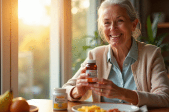 Seniore souriante tenant une vitamine D3 au petit déjeuner