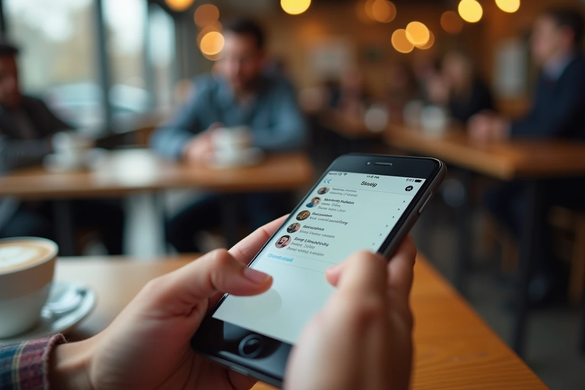 Mains tenant un smartphone affichant des réseaux sociaux dans un café, symbolisant la propagation de rumeurs en ligne