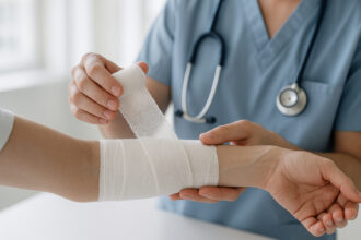 Professionnel médical appliquant un bandage sur avant bras