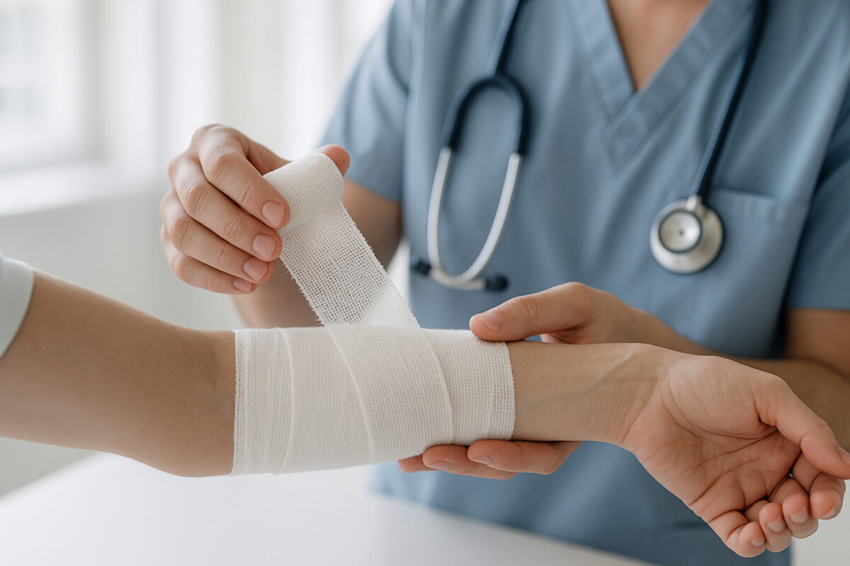Professionnel médical appliquant un bandage sur avant bras