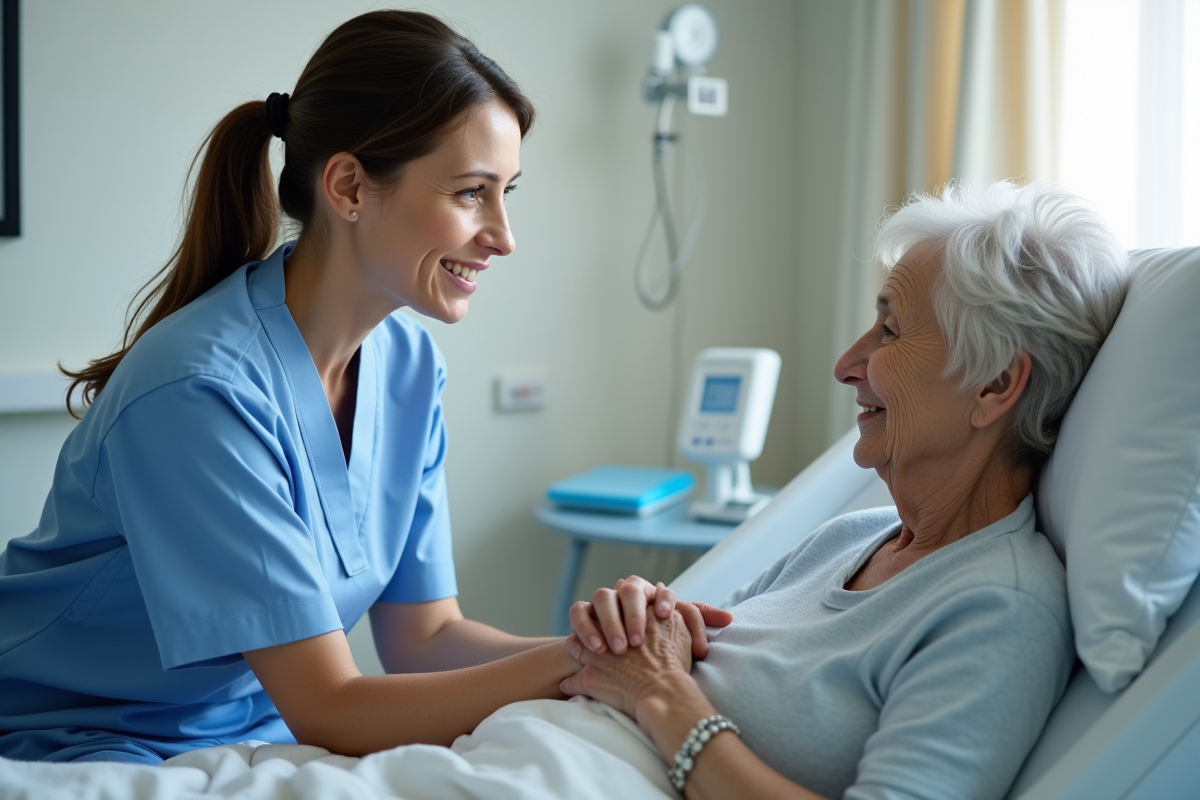 Assistante soignante aidant une personne âgée en hospitalisation