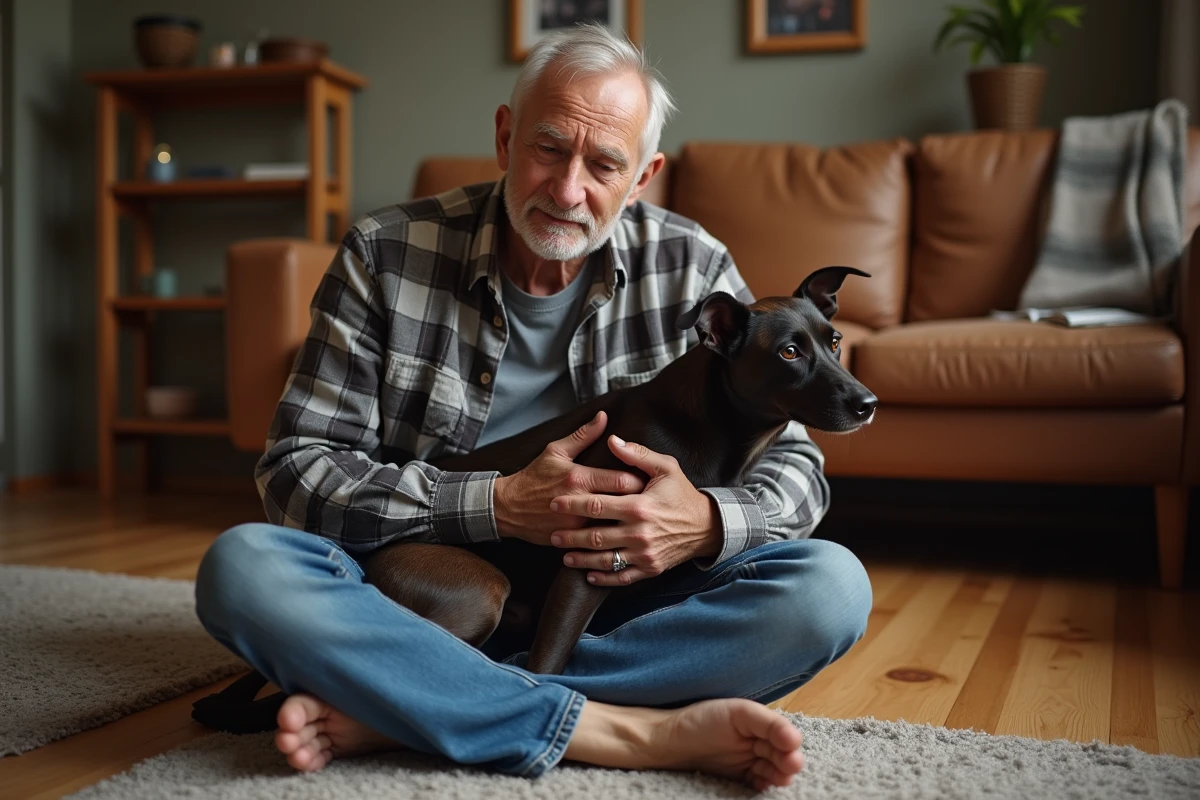 Propriétaire réconfortant son chien malade à domicile en alternative à la chirurgie de la rate
