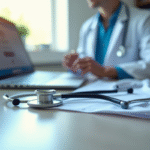 Stéthoscope et blouse blanche sur un bureau moderne avec ordinateur
