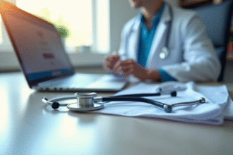 Stéthoscope et blouse blanche sur un bureau moderne avec ordinateur