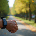 Personne vérifiant son tracker fitness sur le poignet en marchant