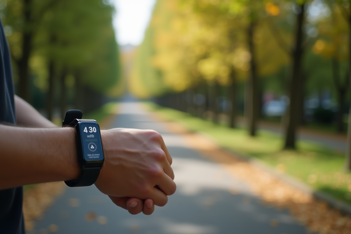 Personne vérifiant son tracker fitness sur le poignet en marchant