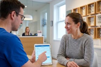 Femme consultant un opticien lors d'un suivi personnalisé de confort visuel en cabinet optique moderne