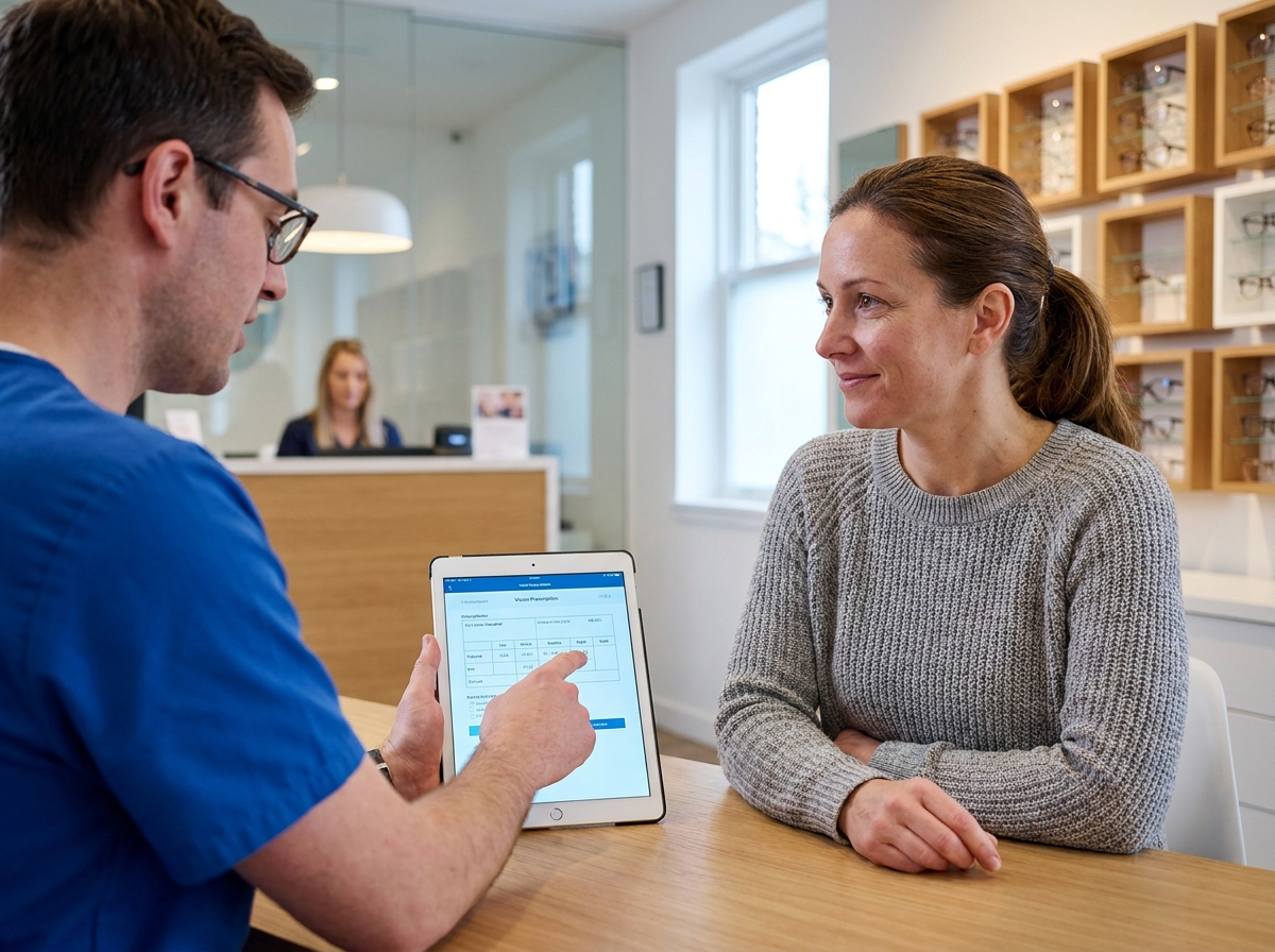 Femme consultant un opticien lors d'un suivi personnalisé de confort visuel en cabinet optique moderne