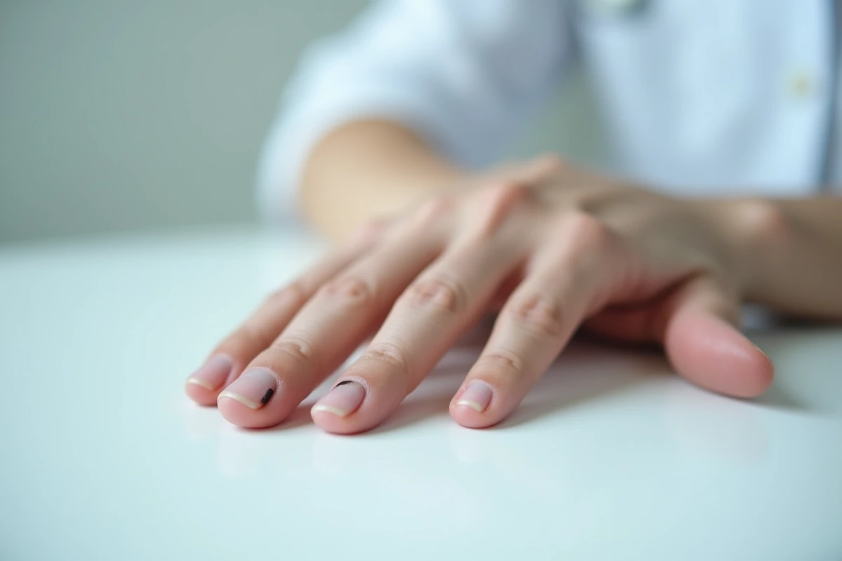 Gros plan d'un ongle avec une tâche noire sous la surface, posé sur une table d'examen médical blanche, illustrant une discoloration sous-unguéale