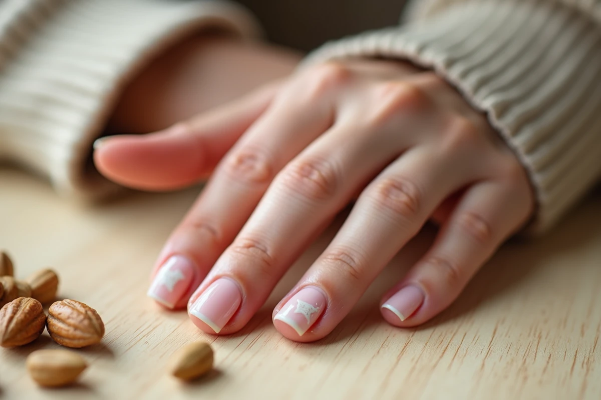 Gros plan sur des ongles féminins présentant des taches blanches caractéristiques d'une carence en zinc, posés sur une table en bois avec des aliments riches en zinc