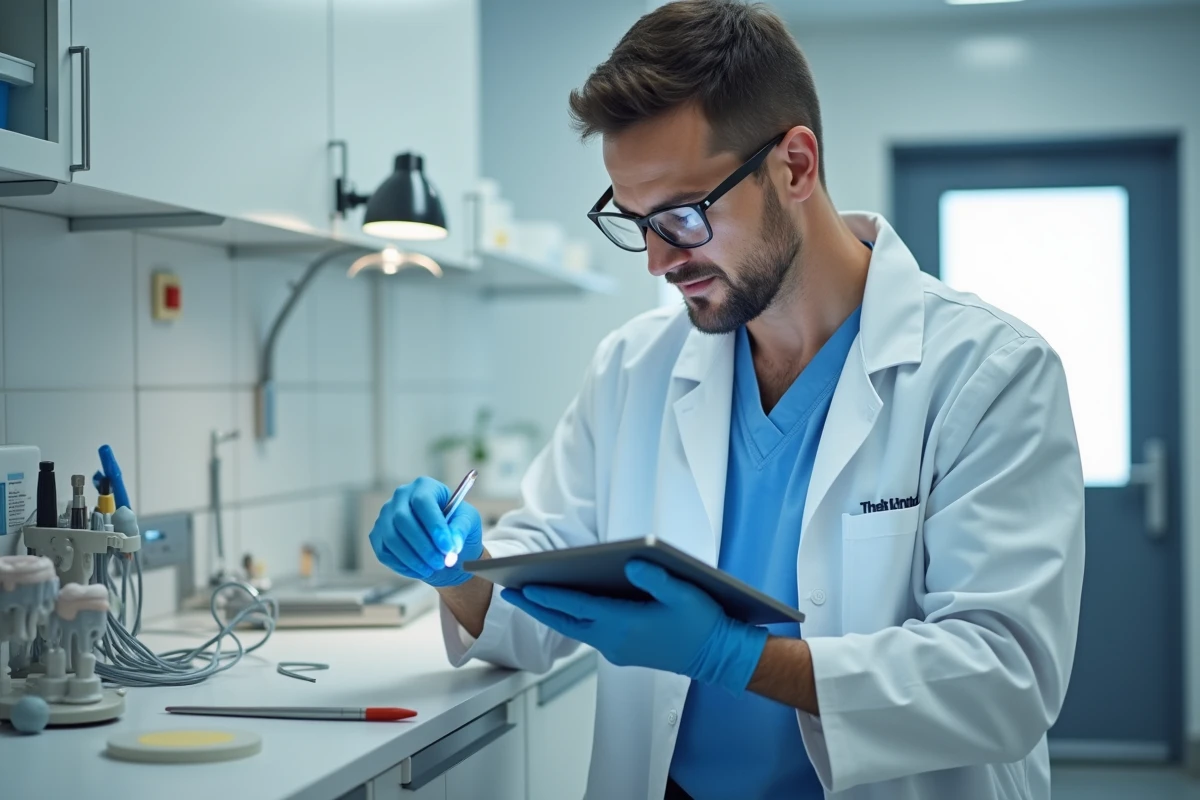 Technicien dentaire inspectant une checklist sur tablette