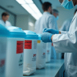 Technicien en laboratoire triant des déchets médicaux avec étiquettes rouges