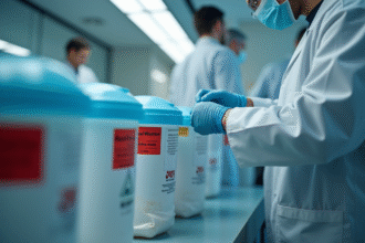 Technicien en laboratoire triant des déchets médicaux avec étiquettes rouges