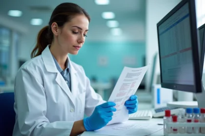 Technicienne de laboratoire analysant un résultat de prise de sang sur papier imprimé dans un laboratoire médical clinique
