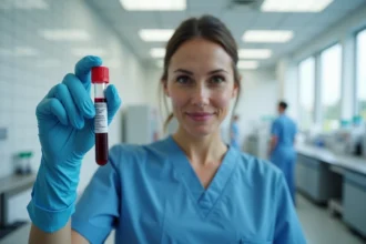 Technicienne de laboratoire tenant un tube de prise de sang pour analyser un taux de TCMH élevé