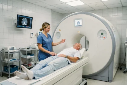 Technicienne en radiologie guidant un patient vers un scanner abdominal dans une salle d'imagerie médicale moderne