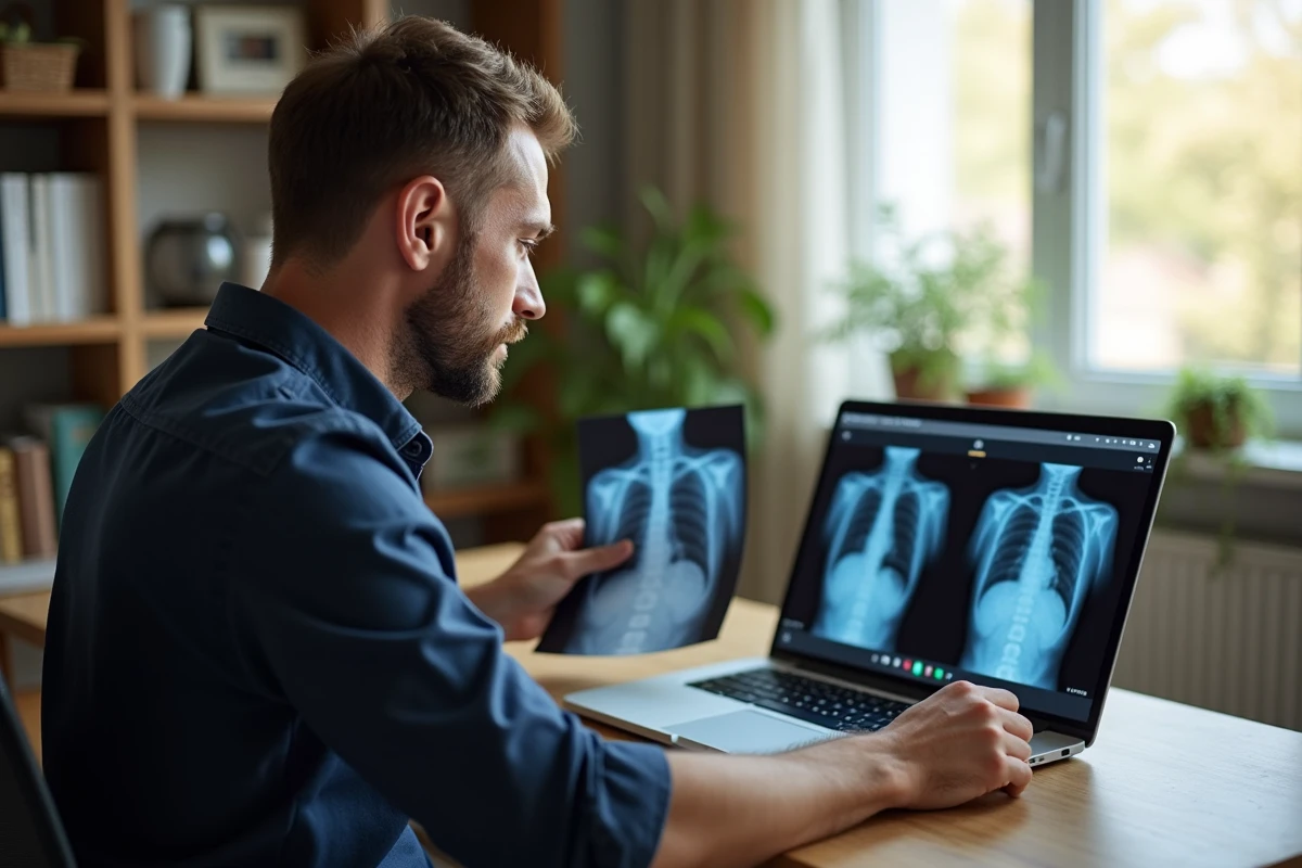 Homme en téléconsultation médicale tenant une radiographie devant son ordinateur à domicile
