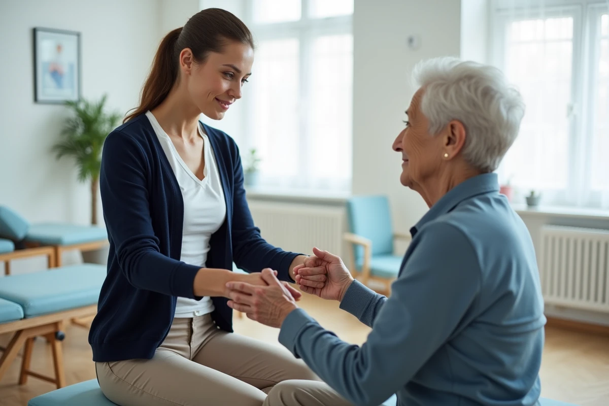 Femme therapie geriatrie aidant une personne agee