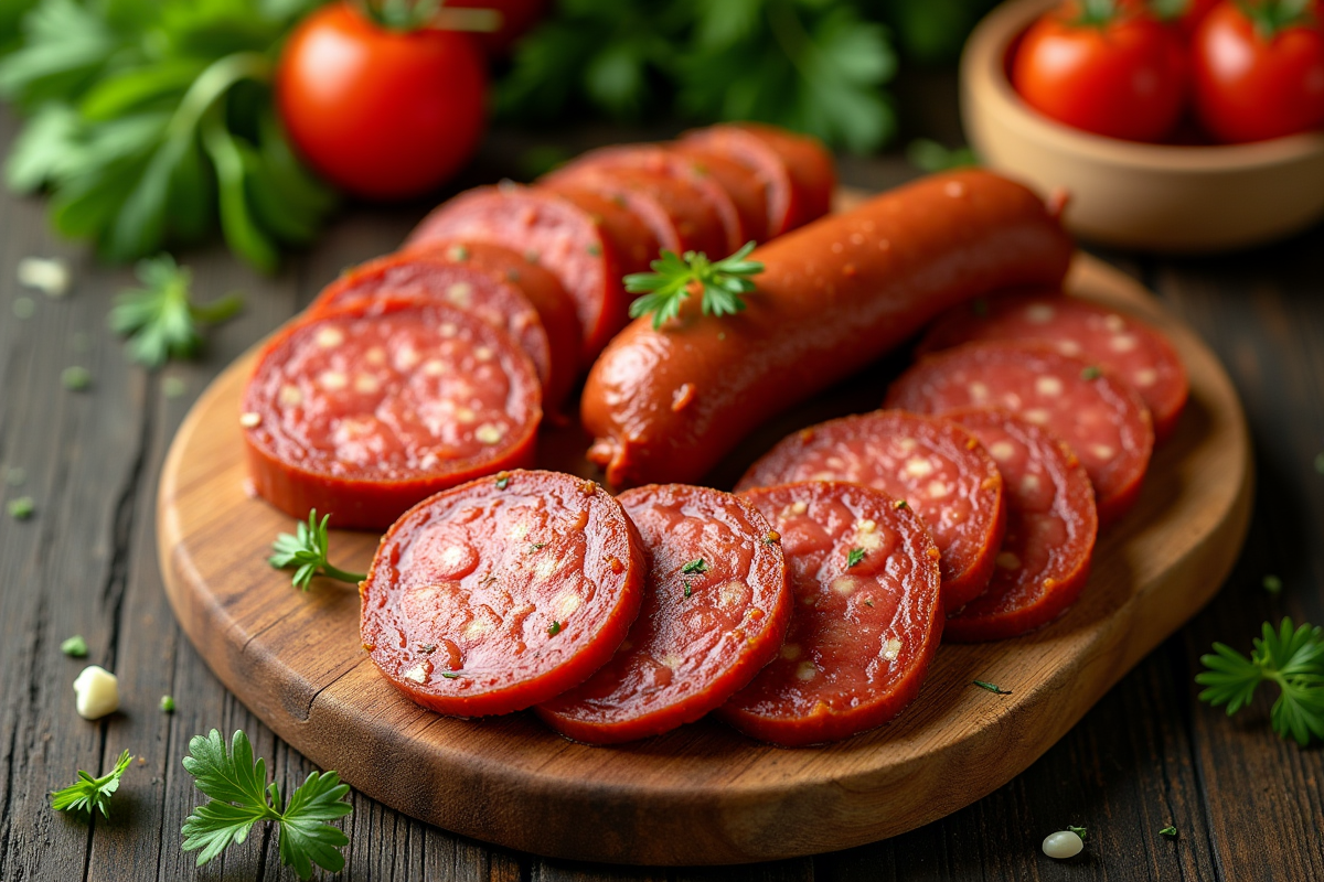 Tranches de chorizo sur planche en bois avec légumes frais