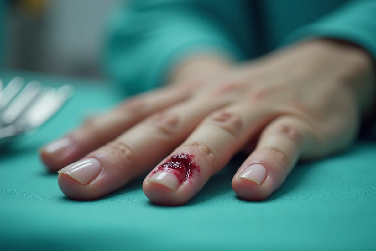 Gros plan sur un ongle traumatisé avec déformation de la matrice unguéale nécessitant une évaluation chirurgicale reconstructrice