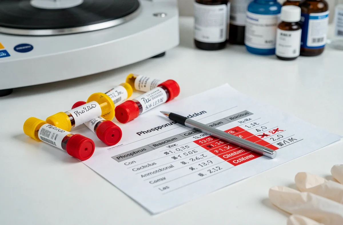 Tubes de prélèvement sanguin et résultats du bilan phosphocalcique sur un plan de laboratoire