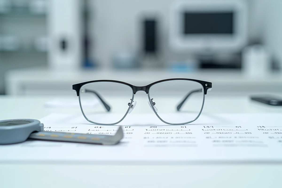Paire de lunettes à verres fins mesurée avec un pied à coulisse dans un atelier d'opticien pour vérifier l'épaisseur optimale