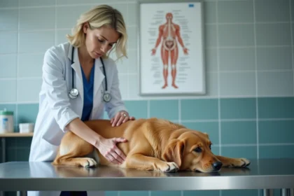 Vétérinaire examinant l'abdomen d'un golden retriever lors d'une consultation pour tumeur de la rate