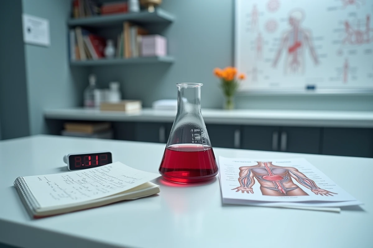 Bécher de liquide rouge en laboratoire avec schéma du système circulatoire humain illustrant le cycle de renouvellement du sang